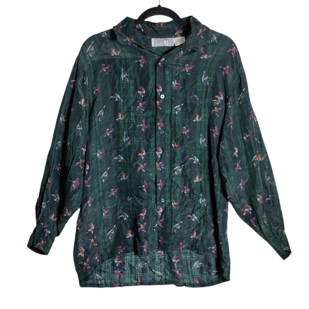 Addiction Mens Silk Button Down Shirt Small Green Plaid Mallard Duck Bird Print